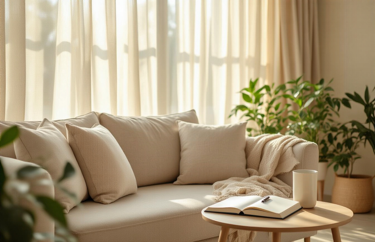 Create a realistic image of a serene therapy or counseling setting with a comfortable beige sofa, soft natural lighting streaming through sheer curtains, a small side table with a journal and pen, potted plants in the background, and calming neutral tones throughout the room, conveying a sense of healing, self-reflection, and emotional wellness, with warm ambient lighting creating a peaceful therapeutic atmosphere, absolutely NO text should be in the scene.
