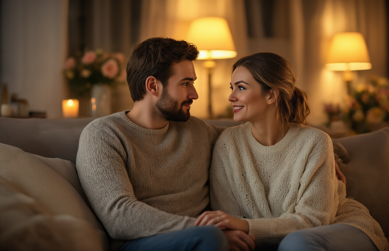 Create a realistic image of a white male and white female couple sitting close together on a comfortable couch in a warmly lit living room, engaged in intimate conversation with gentle eye contact and caring expressions, soft golden lighting from table lamps creating a cozy atmosphere, with subtle romantic elements like flowers or candles in the background suggesting emotional reconnection and intimacy, absolutely NO text should be in the scene.