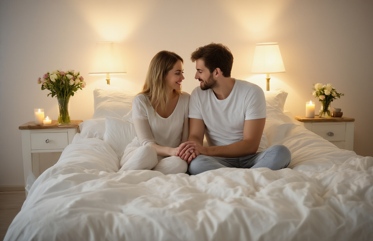 Create a realistic image of a peaceful bedroom scene with soft, warm lighting from bedside lamps, featuring a neatly made bed with white linens and decorative pillows, a white female and white male couple sitting on the edge of the bed having an intimate conversation while holding hands, fresh flowers in a vase on the nightstand, candles creating ambient lighting, and a serene atmosphere that conveys connection, intimacy, and relationship healing, absolutely NO text should be in the scene.