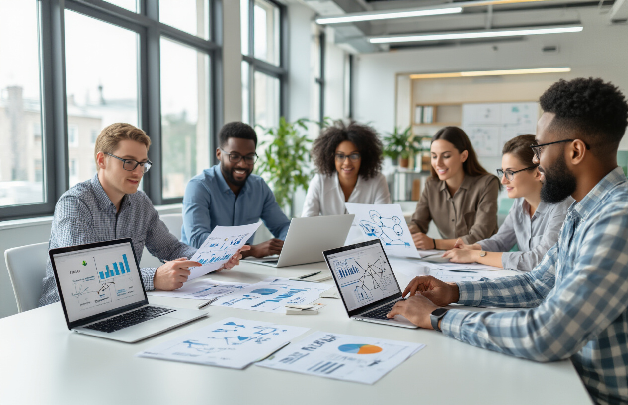 Create a realistic image of a diverse group of people including white and black males and females sitting around a modern conference table studying documents and charts related to a referral program, with laptops open showing network diagrams and connection icons, bright modern office environment with large windows and natural lighting, professional business atmosphere with people pointing at referral flow diagrams on papers, clean contemporary office space with plants and motivational elements in the background, absolutely NO text should be in the scene.