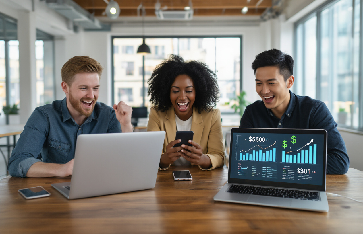 Create a realistic image of a diverse group of three people - one white male, one black female, and one Asian male - sitting around a modern wooden table with laptops and smartphones, showing excited expressions as they look at their devices displaying upward trending graphs and dollar signs on screens, with a bright modern office or co-working space background featuring large windows with natural lighting, creating an atmosphere of success and achievement in digital marketing and referral business, absolutely NO text should be in the scene.