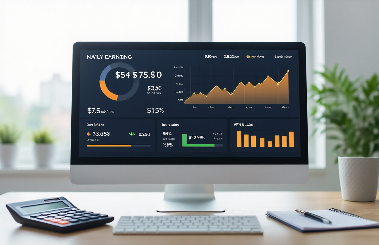 Create a realistic image of a modern digital dashboard or earnings interface displayed on a sleek computer monitor, showing daily earning metrics with upward trending graphs, dollar symbols, and progress bars indicating VPN usage tracking, set against a clean office desk with a calculator and notepad nearby, bright natural lighting from a window, professional business atmosphere, absolutely NO text should be in the scene.