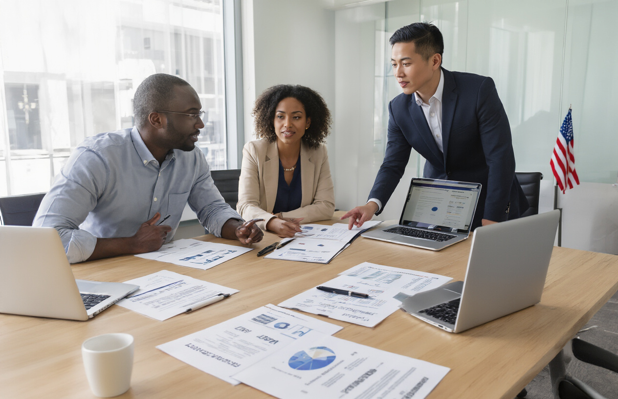 Create a realistic image of a diverse group of three people - one white male, one black female, and one Asian male - sitting around a modern conference table with laptops and documents spread out, appearing to be in a business meeting or consultation setting, with one person pointing at qualification criteria on papers while others listen attentively, set in a bright, professional office environment with clean lighting and a subtle American flag visible in the background corner, conveying a sense of verification and qualification process. Absolutely NO text should be in the scene.