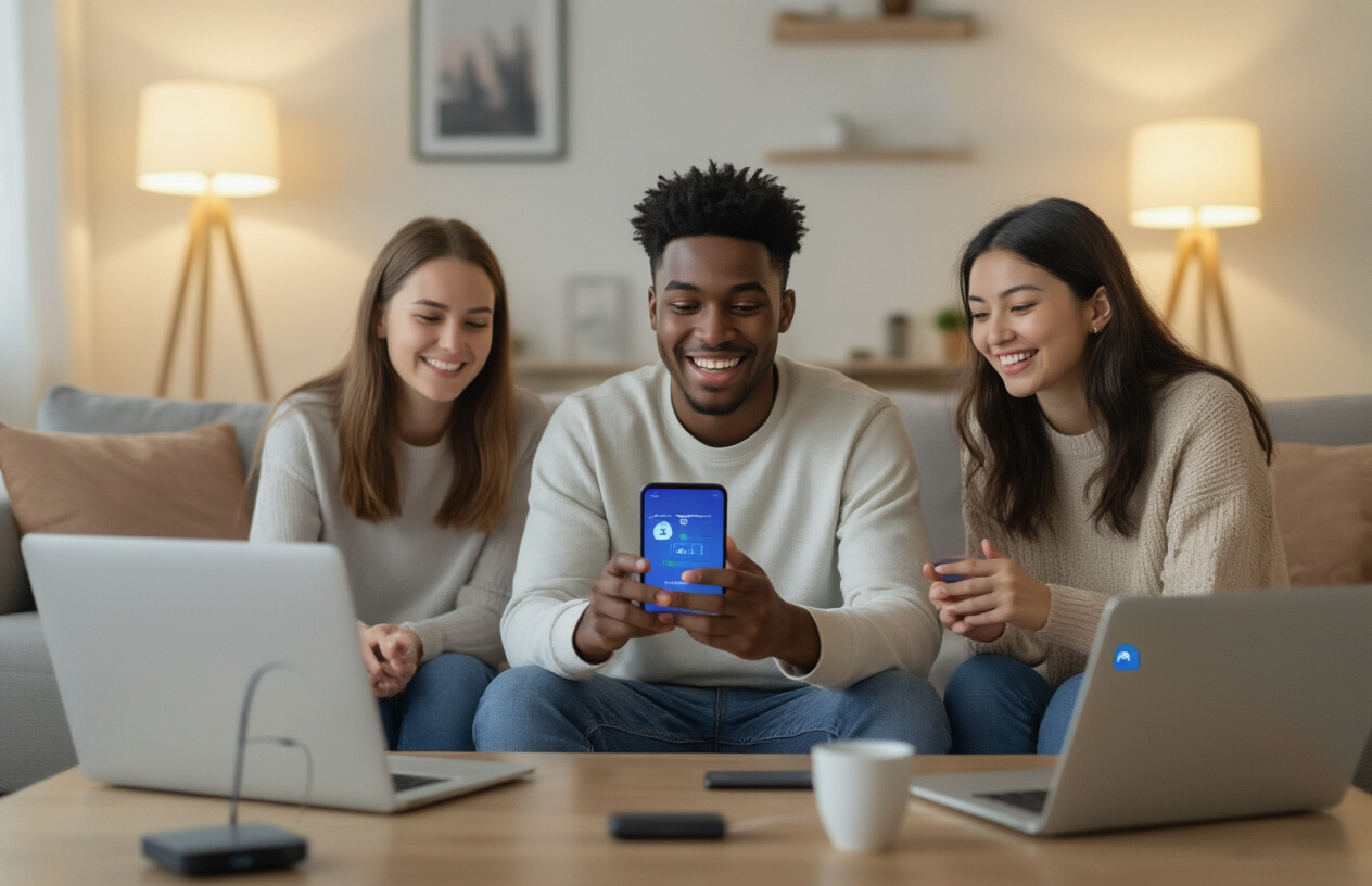 Create a realistic image of a diverse group of friends sitting around a modern living room, with a young black male in the center holding a smartphone displaying a referral interface, surrounded by a white female, an Asian male, and a Hispanic female, all looking engaged and excited, with laptops and mobile devices scattered on a coffee table showing VPN connection icons, warm ambient lighting from floor lamps creating a cozy atmosphere, contemporary furniture in neutral tones, and subtle tech elements like routers and cables in the background suggesting connectivity and networking, absolutely NO text should be in the scene.