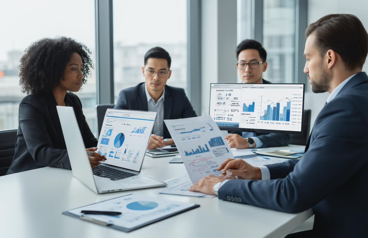 Create a realistic image of a professional business meeting scene with a white male business owner sitting across from a diverse team of SEO professionals including a black female and an Asian male consultant, all in modern business attire, reviewing documents and charts showing website analytics and performance metrics on a sleek conference table, with laptops open displaying graphs and SEO data, in a contemporary office setting with large windows providing natural lighting, conveying a serious yet collaborative atmosphere of due diligence and professional evaluation, absolutely NO text should be in the scene.