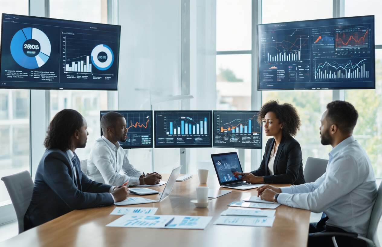 Create a realistic image of a professional business meeting scene with a diverse group including a white male business executive and a black female consultant sitting at a modern conference table, surrounded by digital marketing charts, SEO analytics graphs on wall-mounted screens, laptops displaying website performance metrics, and strategic planning documents spread across the table, set in a bright modern office with natural lighting from large windows, conveying a focused collaborative atmosphere of strategic planning and analysis, absolutely NO text should be in the scene.