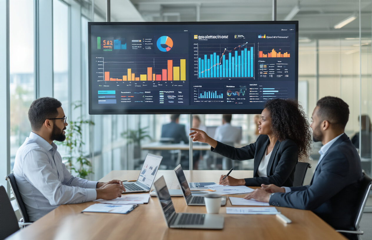 Create a realistic image of a modern office meeting room with a large wall-mounted monitor displaying colorful analytics dashboards and charts, a sleek conference table with open laptops and documents scattered around, two business professionals - one white male and one black female - sitting across from each other in discussion, the woman pointing to data on the screen while the man takes notes, large windows providing natural lighting creating a professional atmosphere, glass walls showing a bustling office environment in the background, the scene conveying transparency and clear communication in a corporate SEO consultation setting, absolutely NO text should be in the scene.