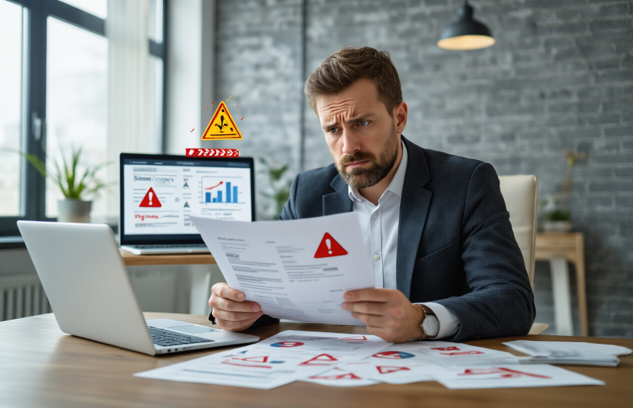 Create a realistic image of a white male business owner sitting at a modern office desk looking concerned while reviewing documents with red warning symbols and danger signs scattered around the papers, a laptop screen showing SEO company proposals in the background, office environment with professional lighting, cautious and protective mood with emphasis on being vigilant about potential risks, absolutely NO text should be in the scene.