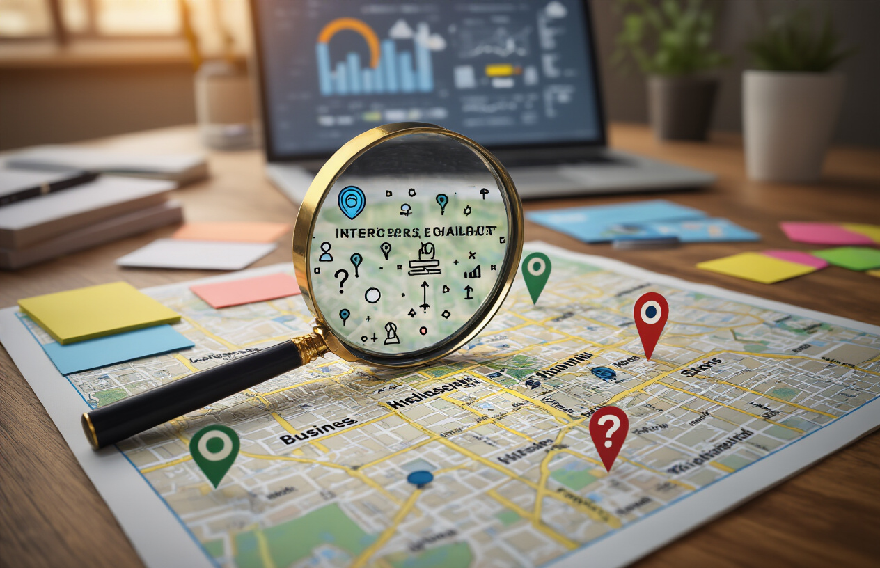 Create a realistic image of a city map spread on a wooden desk showing multiple business location markers scattered across different neighborhoods within the same city, with a magnifying glass positioned over one section revealing complex interconnected challenge symbols like tangled network lines and question marks, surrounded by SEO-related items including a laptop displaying analytics graphs, scattered business cards from different locations, and colorful sticky notes, all under warm office lighting that creates a professional problem-solving atmosphere, absolutely NO text should be in the scene.