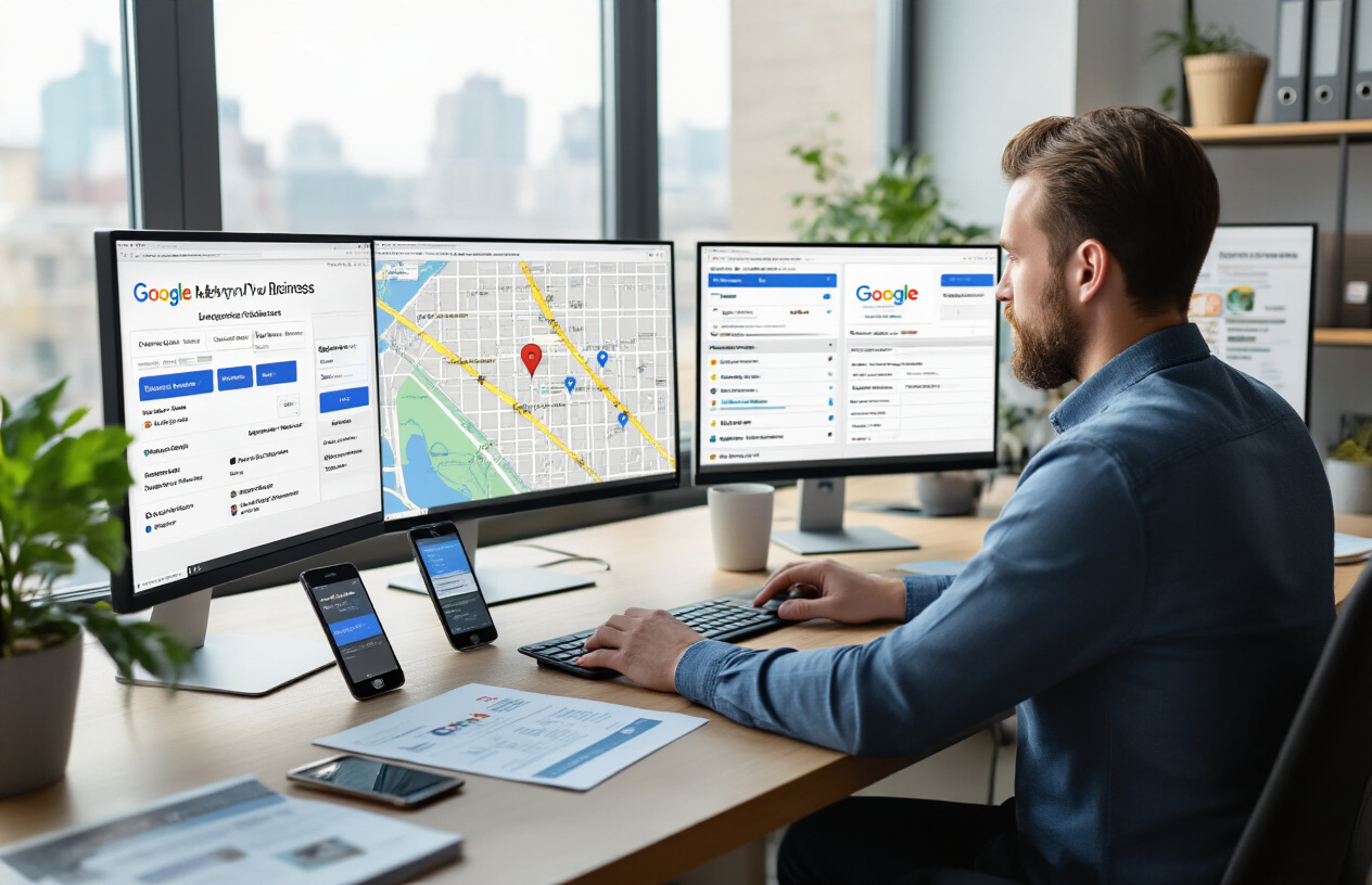 Create a realistic image of a professional office workspace showing multiple computer monitors displaying Google My Business dashboard interfaces with business profile setup screens, a white male business owner in his 30s sitting at a modern desk reviewing location data on printed documents, multiple smartphones arranged on the desk showing different Google My Business mobile app interfaces, a city map with location pins marking various business addresses spread across one metropolitan area, warm natural lighting from a large window, clean modern office environment with plants and organized paperwork, business cards and local directory listings scattered on the desk surface, absolutely NO text should be in the scene.
