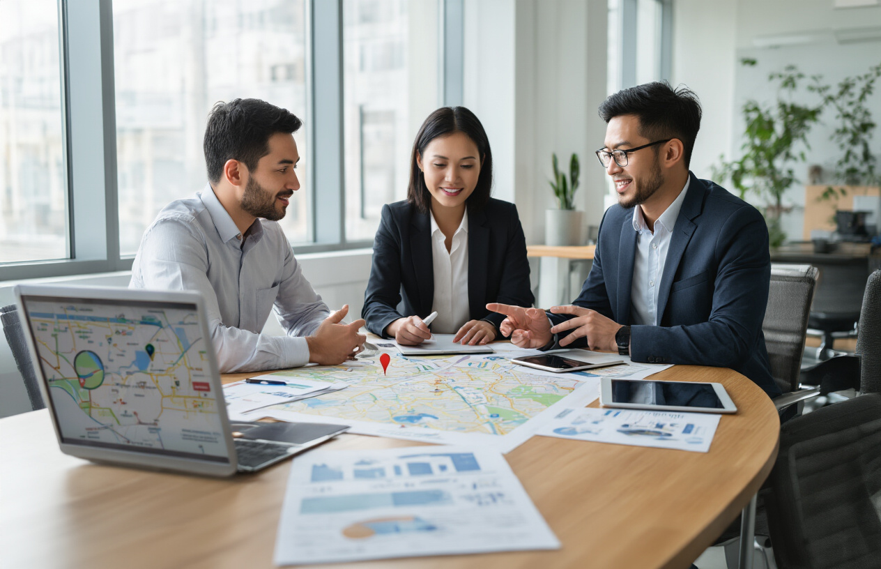 Create a realistic image of a diverse group of business professionals working collaboratively around a modern conference table with laptops, tablets, and printed materials spread out, showing different local business maps, location markers, and marketing strategy documents, in a bright contemporary office space with large windows, featuring a white male marketing manager, a black female content strategist, and an Asian male digital marketer actively discussing and pointing at various location-based marketing materials, with a clean professional atmosphere and natural daylight streaming in, absolutely NO text should be in the scene.