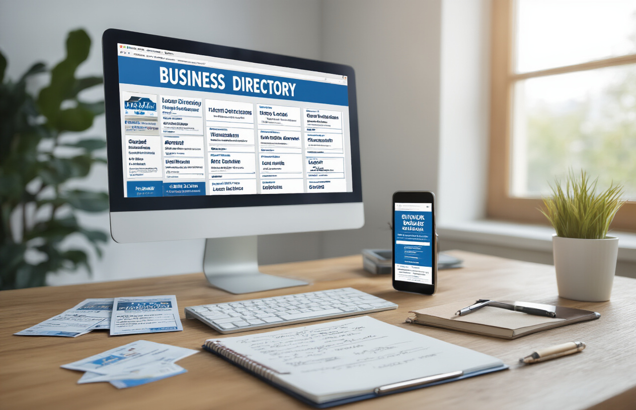 Create a realistic image of a modern office desk with multiple business directories and local listing websites displayed on a computer monitor, showing business information cards scattered across the desk representing different location citations, a smartphone displaying local business listings, and a notebook with handwritten location addresses, set in a bright professional workspace with natural lighting from a window, absolutely NO text should be in the scene.