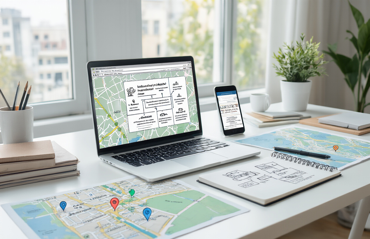 Create a realistic image of a modern office desk with an open laptop displaying a website wireframe showing interconnected location pages with visible linking arrows between them, surrounded by printed maps of a city with multiple location markers, a notebook with hand-drawn flowcharts of internal linking structures, and a smartphone showing a local business website, all arranged on a clean white desk with soft natural lighting from a window, professional business atmosphere, absolutely NO text should be in the scene.