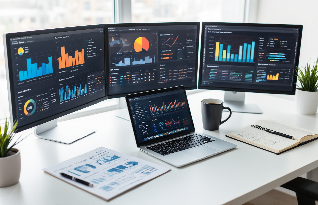 Create a realistic image of a modern office desk setup featuring multiple computer monitors displaying colorful analytics dashboards with graphs, charts, and performance metrics, a laptop showing location-based data visualizations, a smartphone displaying local search results, scattered business reports and printouts with statistical data, a notebook with handwritten notes, a coffee cup, and a pen, all arranged on a clean white desk surface with soft natural lighting from a nearby window, professional business atmosphere. Absolutely NO text should be in the scene.