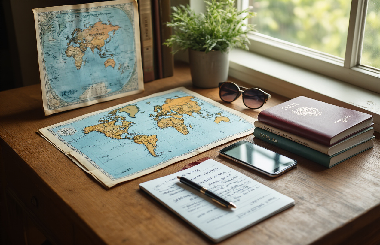 Create a realistic image of a wooden desk with essential travel planning items spread out including an open world map, passport, boarding passes, smartphone displaying a travel app, notebook with handwritten notes, pen, sunglasses, and a small stack of travel guidebooks, all arranged in an organized manner with soft natural lighting from a nearby window, absolutely NO text should be in the scene.
