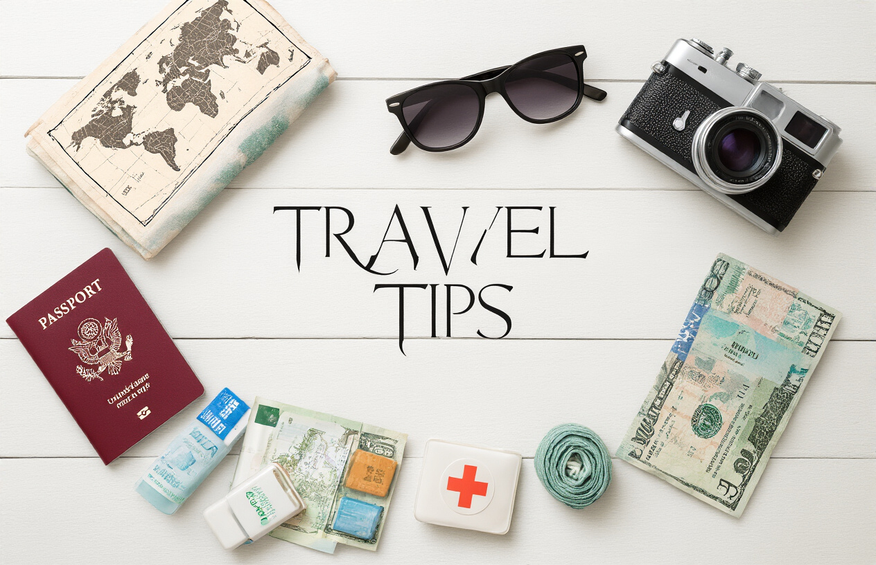 Create a realistic image of a flat lay composition on a white wooden surface featuring essential travel items including a passport, smartphone, world map, sunglasses, camera, rolled clothes, travel-sized toiletries, foreign currency bills, and a small first aid kit, with soft natural lighting from above and the text "TRAVEL TIPS" elegantly displayed in modern sans-serif font overlaying the scene.