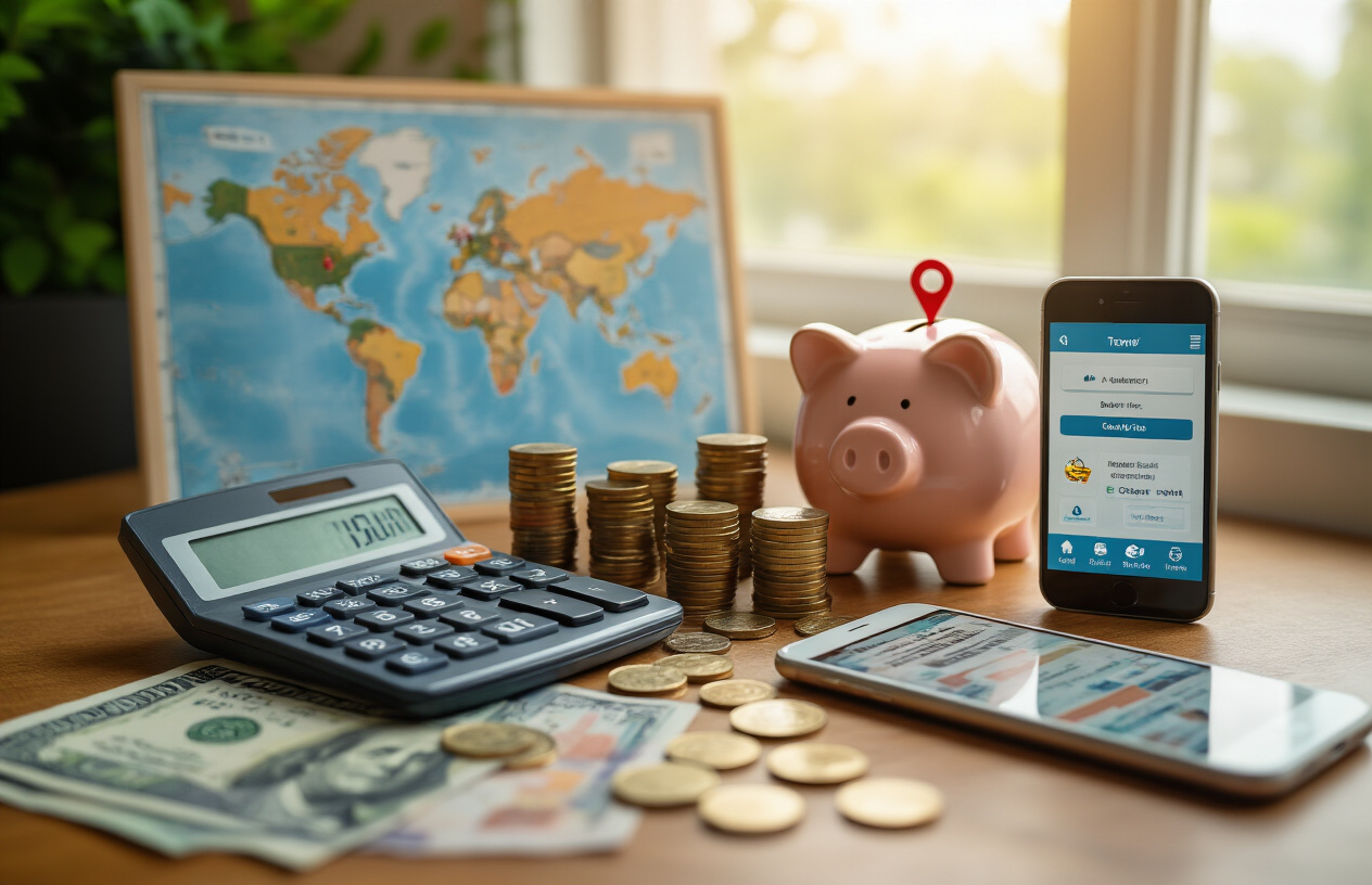 Create a realistic image of a travel savings concept featuring a calculator, scattered coins and banknotes, a smartphone displaying flight booking apps, a world map with destination pins, discount coupons, and a piggy bank, all arranged on a wooden desk surface with soft natural lighting from a window, creating a warm and organized atmosphere that conveys smart budget travel planning, absolutely NO text should be in the scene.