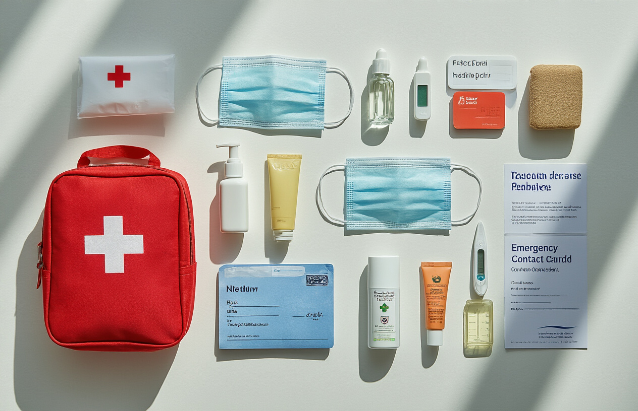 Create a realistic image of a flat lay arrangement on a clean white surface featuring essential travel safety and health items including a first aid kit with red cross symbol, hand sanitizer bottles, face masks, prescription medication bottles, sunscreen tube, insect repellent spray, travel insurance documents, emergency contact cards, and a digital thermometer, all neatly organized with soft natural lighting from above creating gentle shadows, absolutely NO text should be in the scene.