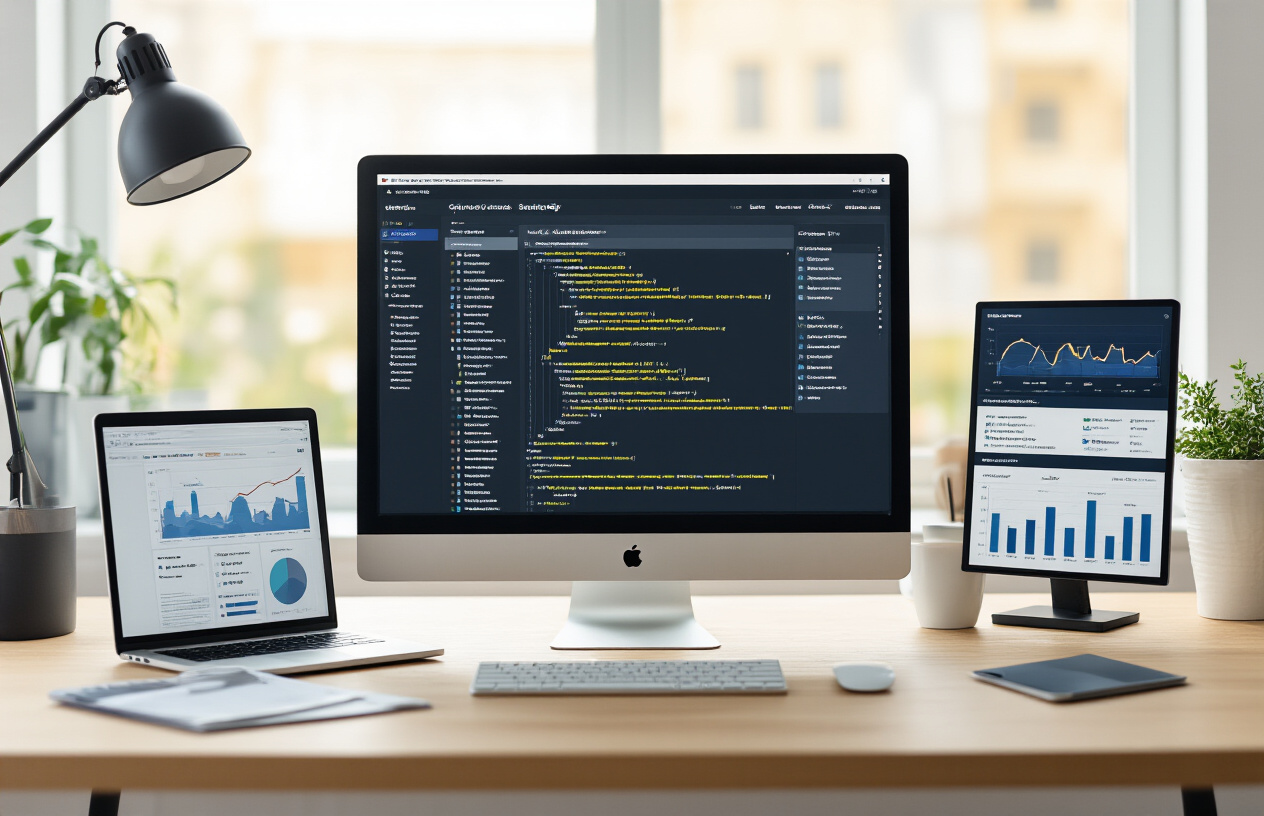 Create a realistic image of a modern office workspace with a computer screen displaying a web directory website structure with multiple category folders and website listings, surrounded by SEO-related elements like search engine analytics charts, ranking graphs, and digital marketing tools on the desk, with warm natural lighting from a window, professional atmosphere, and a clean organized background. Absolutely NO text should be in the scene.