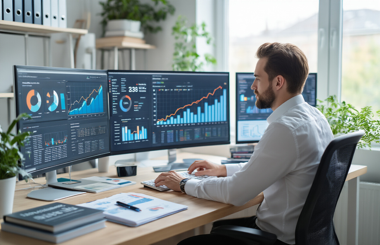 Create a realistic image of a modern office setting with a professional white male digital marketer at his desk analyzing SEO data on a computer screen showing upward trending graphs and analytics charts, with directories and search engine results visible on additional monitors, surrounded by marketing books and notebooks, bright natural lighting from a window, conveying success and positive business growth, absolutely NO text should be in the scene.
