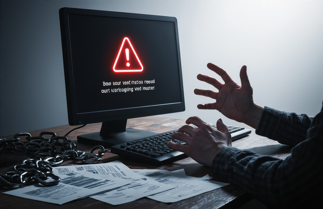 Create a realistic image of a dark computer screen displaying a warning symbol or error message, with shadowy hands of a white male reaching toward the keyboard in frustration, surrounded by broken chain links and scattered paper documents on a cluttered desk, dimly lit by harsh red lighting from the monitor, conveying a sense of digital failure and SEO strategy gone wrong, absolutely NO text should be in the scene.