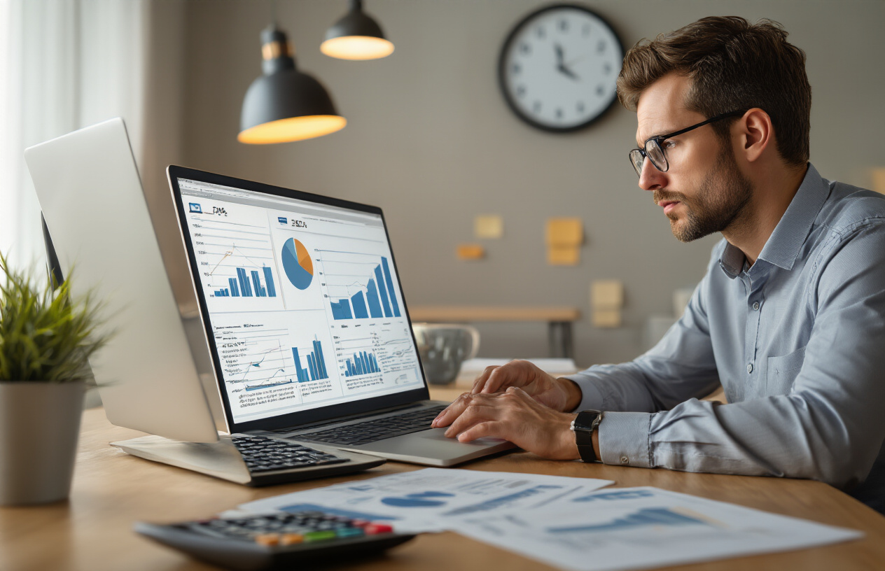 Create a realistic image of a white male business professional in a modern office setting, sitting at a desk with a laptop computer, analyzing charts and graphs on the screen that show ROI metrics and time investment data, with a clock on the wall showing the passage of time, calculator and financial documents spread on the desk, warm office lighting creating a focused work atmosphere, the person appears contemplative while reviewing performance analytics, absolutely NO text should be in the scene.
