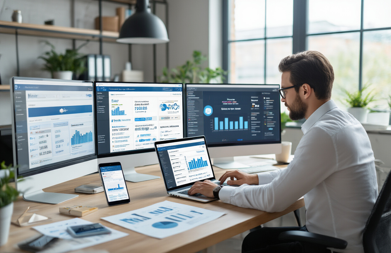 Importance of Business Listing in SEO for Better Online Visibility 3 Create a realistic image of a modern office workspace showing multiple digital screens displaying various online business directory platforms and search engine interfaces, with a professional white male business owner sitting at a desk reviewing business listing information on a laptop, surrounded by marketing materials, charts showing SEO analytics, and mobile devices displaying local search results, in a bright contemporary office setting with natural lighting from large windows, conveying a productive and tech-savvy business environment focused on digital marketing and online presence optimization, absolutely NO text should be in the scene.