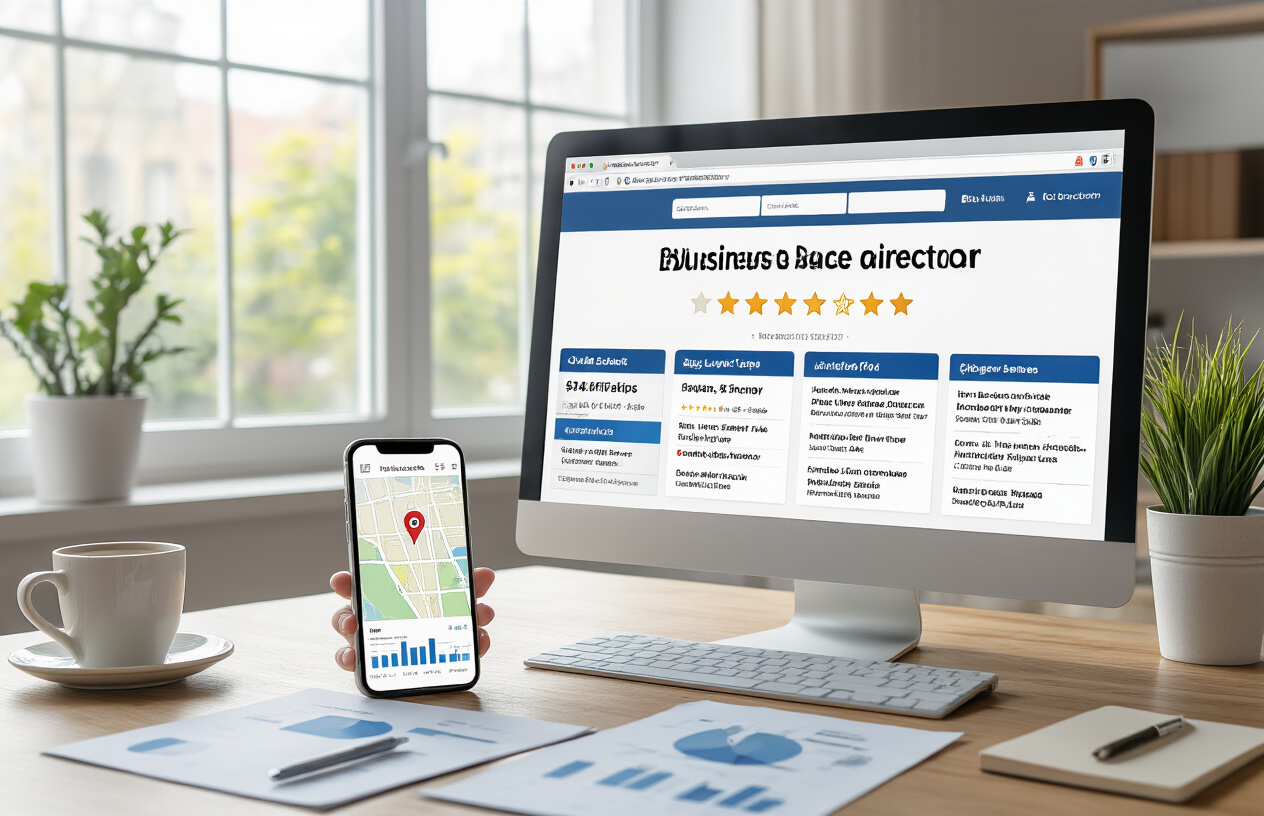Importance of Business Listing in SEO for Better Online Visibility 4 Create a realistic image of a modern desktop workspace showing a computer screen displaying a business directory website with multiple business listings featuring star ratings, location pins, and business information cards, alongside a smartphone showing a local map with business markers, with SEO analytics charts and graphs visible on papers scattered on the desk, bright natural lighting from a window, clean office environment with a coffee cup and notepad nearby, Absolutely NO text should be in the scene.