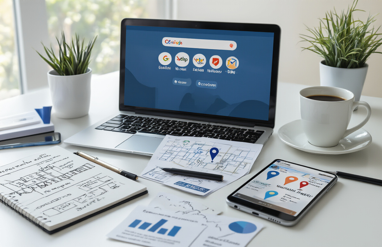 Importance of Business Listing in SEO for Better Online Visibility 5 Create a realistic image of a modern office desk with a laptop computer displaying multiple business listing platform logos including Google My Business, Yelp, and other directory icons on the screen, surrounded by scattered business cards, a smartphone showing map pins and location markers, a notebook with SEO-related sketches, and a coffee cup, set against a clean white background with soft natural lighting from a window, creating a professional digital marketing workspace atmosphere. Absolutely NO text should be in the scene.