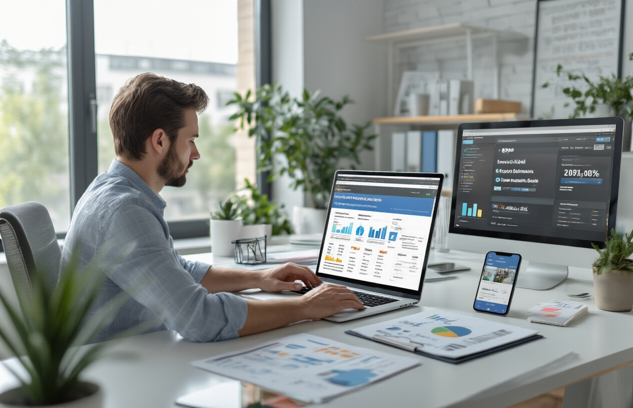 Importance of Business Listing in SEO for Better Online Visibility 6 Create a realistic image of a modern office workspace showing a white male professional sitting at a sleek desk working on a laptop computer with multiple browser tabs open displaying business directory websites and SEO analytics dashboards, surrounded by organized documents and notes about local business optimization, with a smartphone nearby showing Google My Business interface, soft natural lighting from a large window, clean contemporary office background with plants and professional decor, focused and productive atmosphere, absolutely NO text should be in the scene.