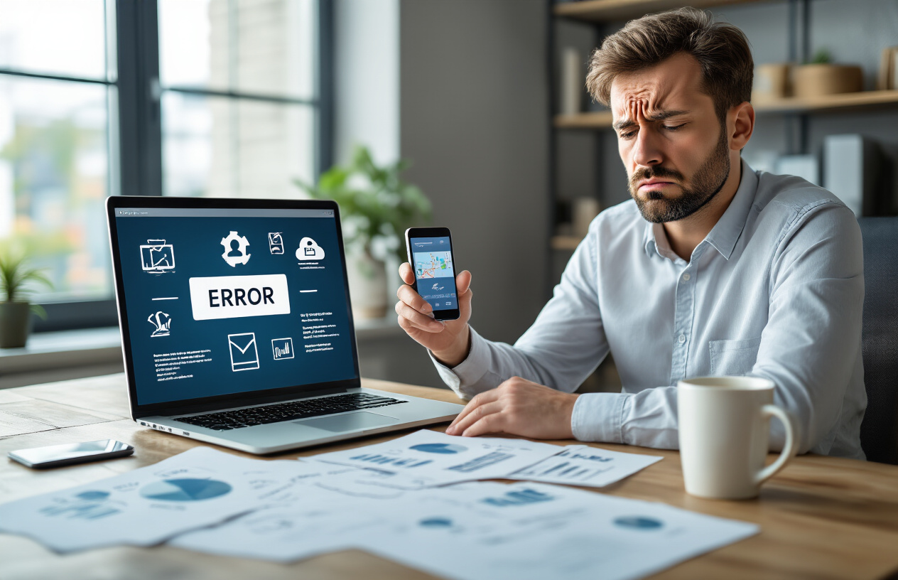 Importance of Business Listing in SEO for Better Online Visibility 7 Create a realistic image of a frustrated white male business owner in his 30s sitting at a modern desk with a laptop displaying error symbols and warning icons on the screen, surrounded by scattered papers with crossed-out business information, a smartphone showing incorrect map locations, and a coffee mug, set in a contemporary office with soft natural lighting from a window, conveying stress and confusion about digital marketing challenges, absolutely NO text should be in the scene.