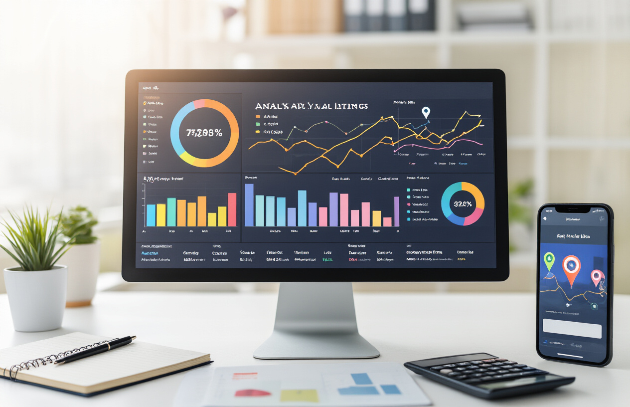 Importance of Business Listing in SEO for Better Online Visibility 8 Create a realistic image of a professional workspace showing SEO analytics and business listing performance tracking, featuring a modern computer monitor displaying colorful charts, graphs, and dashboard metrics with rising trend lines, surrounded by a clean desk with a notebook, calculator, and smartphone showing location pins, set against a bright office background with natural lighting, conveying a productive and data-driven atmosphere, absolutely NO text should be in the scene.