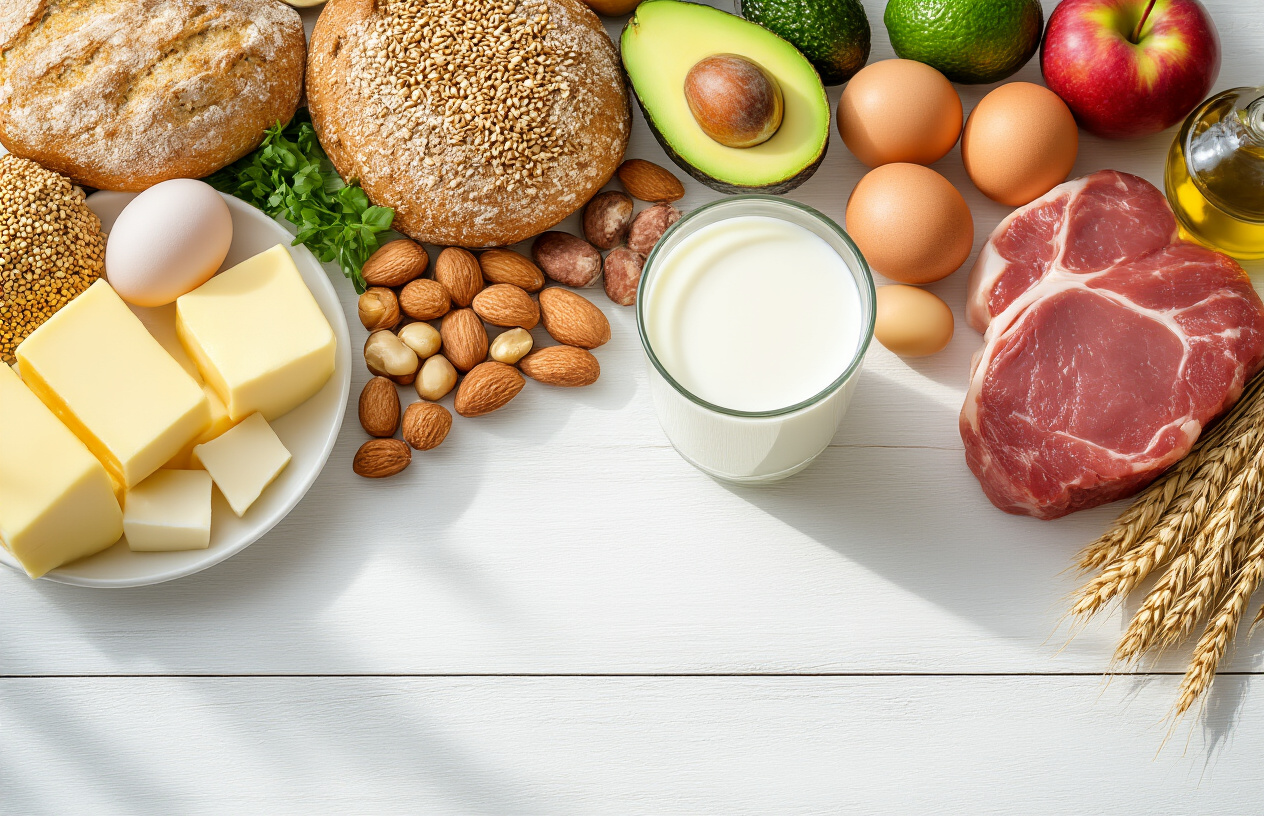 Create a realistic image of a glass of fresh white milk alongside various whole foods representing essential macronutrients including protein-rich foods like eggs, nuts, and lean meat, carbohydrate sources like whole grains and fruits, and healthy fats like avocado and olive oil, all arranged on a clean white wooden table with natural daylight streaming from the side creating soft shadows, the composition showing these nutrient-dense foods in an organized, appealing layout that emphasizes their natural colors and textures, absolutely NO text should be in the scene.