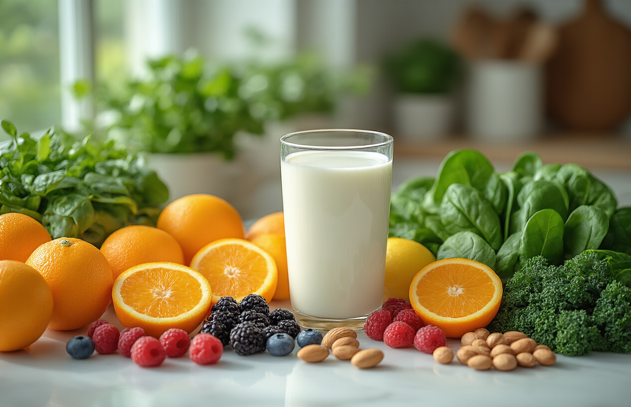 Create a realistic image of a collection of vitamin-rich foods arranged on a clean white marble countertop, including a tall glass of fresh milk prominently displayed in the center, surrounded by colorful fresh fruits like oranges and berries, leafy green vegetables like spinach and kale, nuts and seeds, with soft natural lighting streaming in from the side creating gentle shadows, conveying a healthy and nutritious atmosphere. Absolutely NO text should be in the scene.