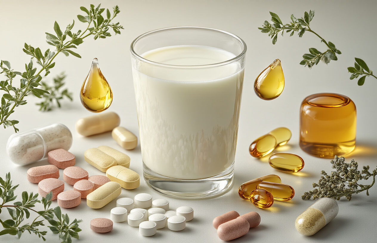Create a realistic image of various essential minerals and vitamins floating or arranged artistically around a glass of fresh white milk, including calcium tablets, iron supplements, zinc capsules, magnesium crystals, and vitamin D drops, with soft natural lighting highlighting the milk's creamy texture and the colorful mineral supplements against a clean white background, creating a health and wellness atmosphere that emphasizes nutritional benefits, absolutely NO text should be in the scene.