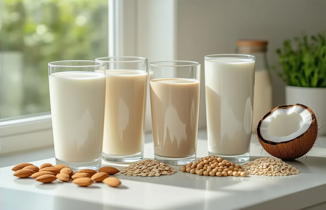 Create a realistic image of various types of milk arranged on a clean white kitchen counter, including a tall glass of white cow's milk, a glass of beige almond milk, a glass of light brown oat milk, a glass of creamy soy milk, and a glass of coconut milk, with their respective source ingredients (almonds, oats, soybeans, coconut) placed nearby each glass, natural window lighting illuminating the scene from the left side creating soft shadows, bright and clean atmosphere suggesting health and nutrition, absolutely NO text should be in the scene.
