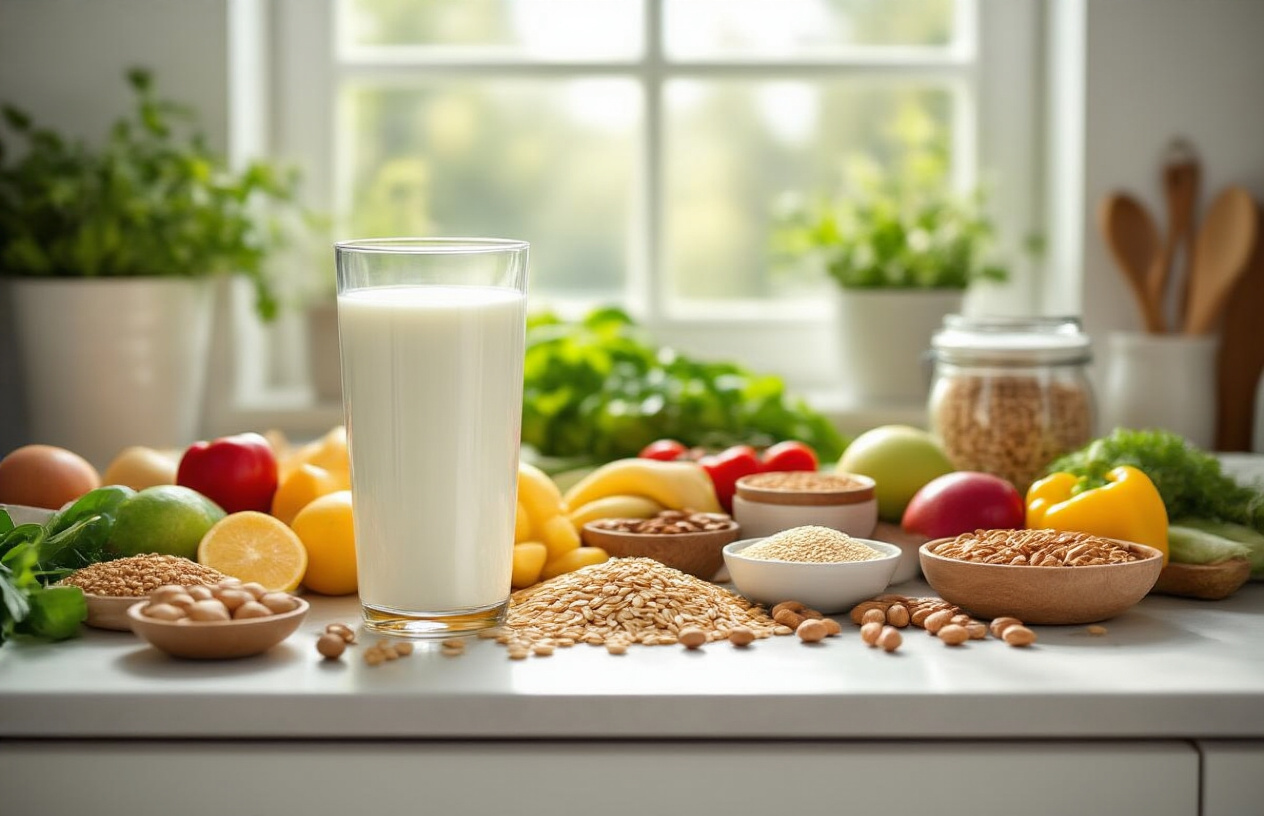 Create a realistic image of a clean, modern kitchen counter with a tall glass of fresh white milk prominently displayed alongside a variety of healthy foods including fresh fruits, vegetables, whole grain cereals, and nuts, with soft natural lighting streaming through a window creating a bright, wholesome atmosphere that emphasizes nutritional wellness and smart dietary choices, absolutely NO text should be in the scene.