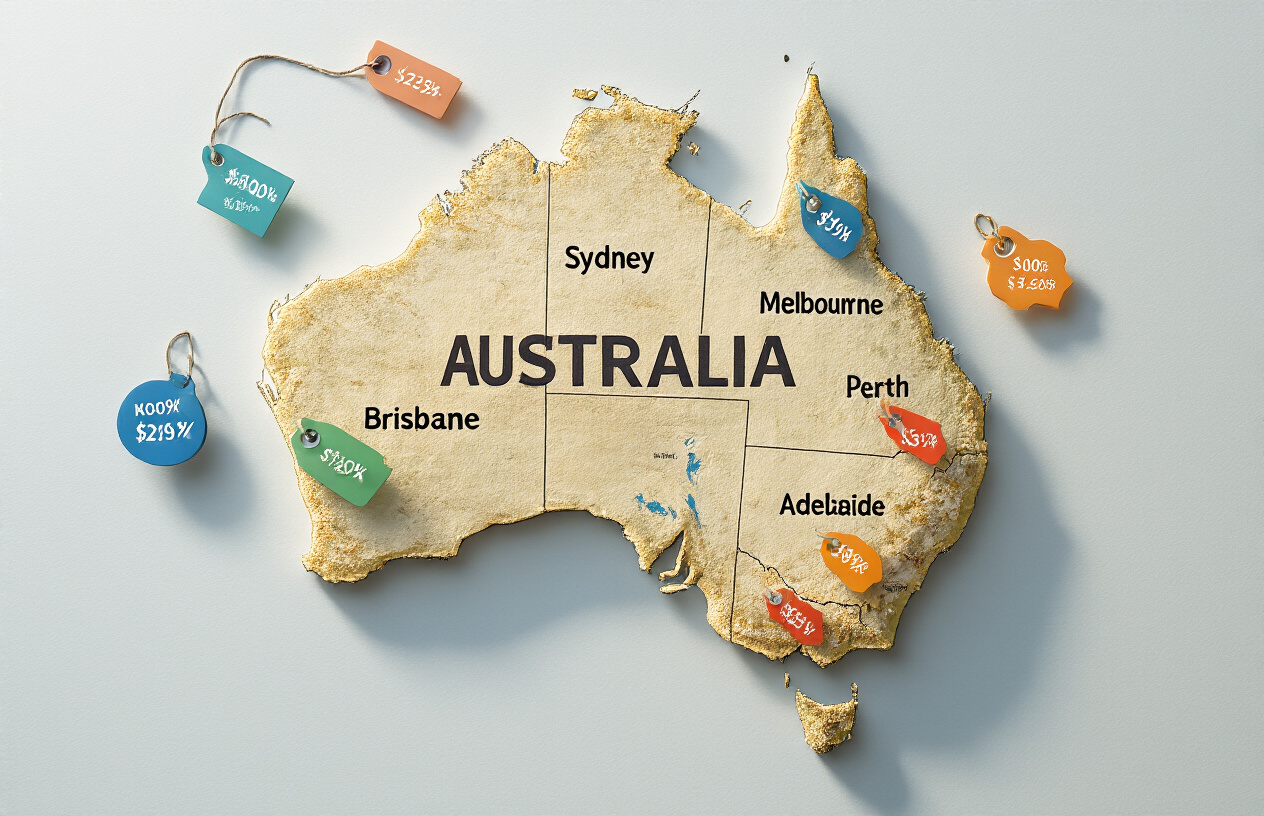 How Much Does SEO Cost in Australia? Full 2025 Pricing Guide 6 Create a realistic image of an aerial view map of Australia showing major cities including Sydney, Melbourne, Brisbane, Perth, and Adelaide with different colored price tags or cost indicators floating above each metropolitan area, set against a clean white background with subtle shadows, displaying varying price ranges through color-coded markers in blues, greens, and oranges to represent regional pricing differences, with a professional business aesthetic and soft natural lighting, absolutely NO text should be in the scene.