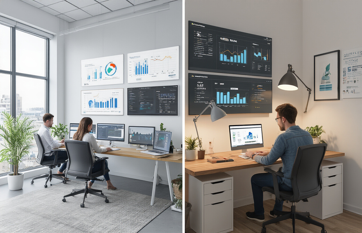 How Much Does SEO Cost in Australia? Full 2025 Pricing Guide 7 Create a realistic image of a modern office setting with two distinct workspaces side by side showing the contrast between an SEO agency and freelancer setup, on the left side a sleek corporate office space with multiple white male and female professionals working at computers with charts and graphs on wall-mounted screens, on the right side a home office setup with a single white male freelancer working on a laptop at a wooden desk with casual decor, both spaces showing SEO-related work on computer screens including analytics dashboards and keyword research tools, bright natural lighting from large windows, professional business atmosphere, clean and organized environment, Absolutely NO text should be in the scene.