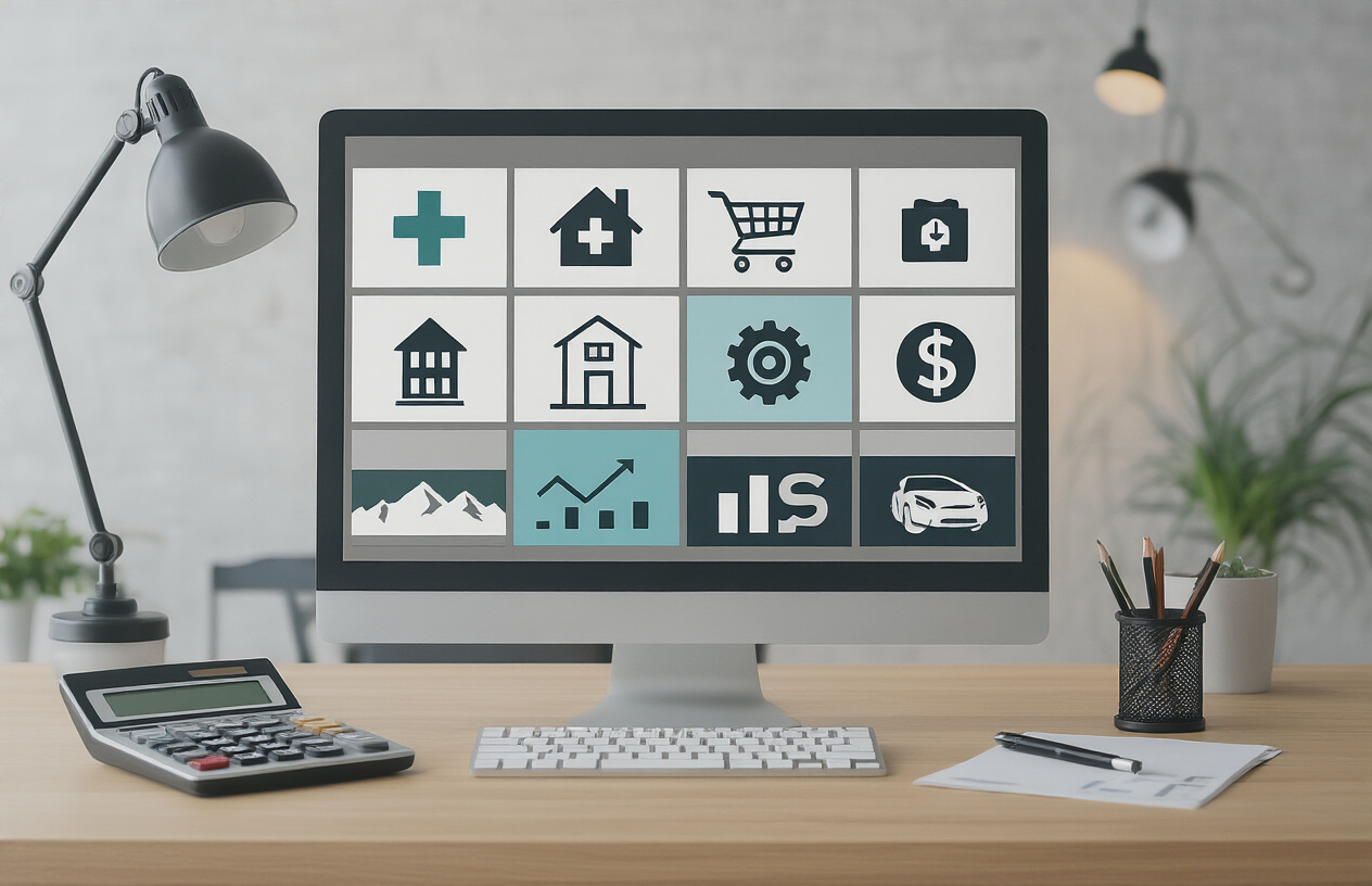 How Much Does SEO Cost in Australia? Full 2025 Pricing Guide 8 Create a realistic image of a modern office desk with multiple industry icons and symbols arranged in a grid pattern, including healthcare medical cross, e-commerce shopping cart, real estate house symbol, automotive car icon, technology gear symbol, and finance dollar sign, with a calculator and pricing charts visible on the desk, professional business environment with clean lighting and neutral background colors, absolutely NO text should be in the scene.