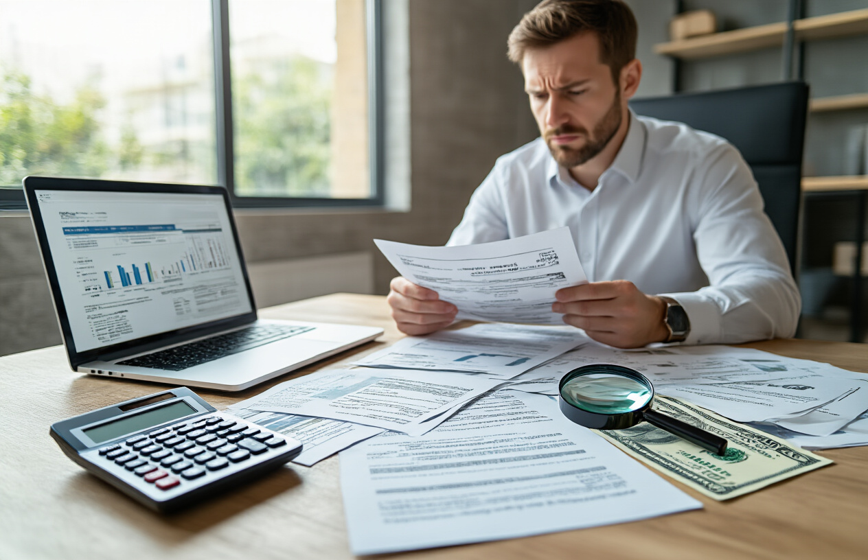 How Much Does SEO Cost in Australia? Full 2025 Pricing Guide 9 Create a realistic image of a modern office desk with scattered documents, invoices, and receipts representing hidden costs, a calculator displaying numbers, a laptop screen showing expense spreadsheets, Australian dollar bills and coins partially visible, a magnifying glass highlighting small print on contracts, and a concerned white male business owner in his 30s reviewing the paperwork with a worried expression, set in a contemporary office environment with natural lighting from a window, creating a serious and analytical mood. Absolutely NO text should be in the scene.