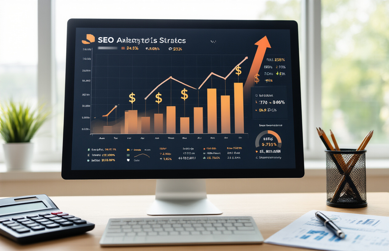 How Much Does SEO Cost in Australia? Full 2025 Pricing Guide 10 Create a realistic image of a professional business setting showing upward trending charts and graphs on a computer screen displaying SEO analytics with rising arrow indicators, Australian dollar symbols and ROI metrics visible on the dashboard, a modern office desk with a calculator and financial documents, warm natural lighting from a window, conveying success and growth in digital marketing investment, absolutely NO text should be in the scene.