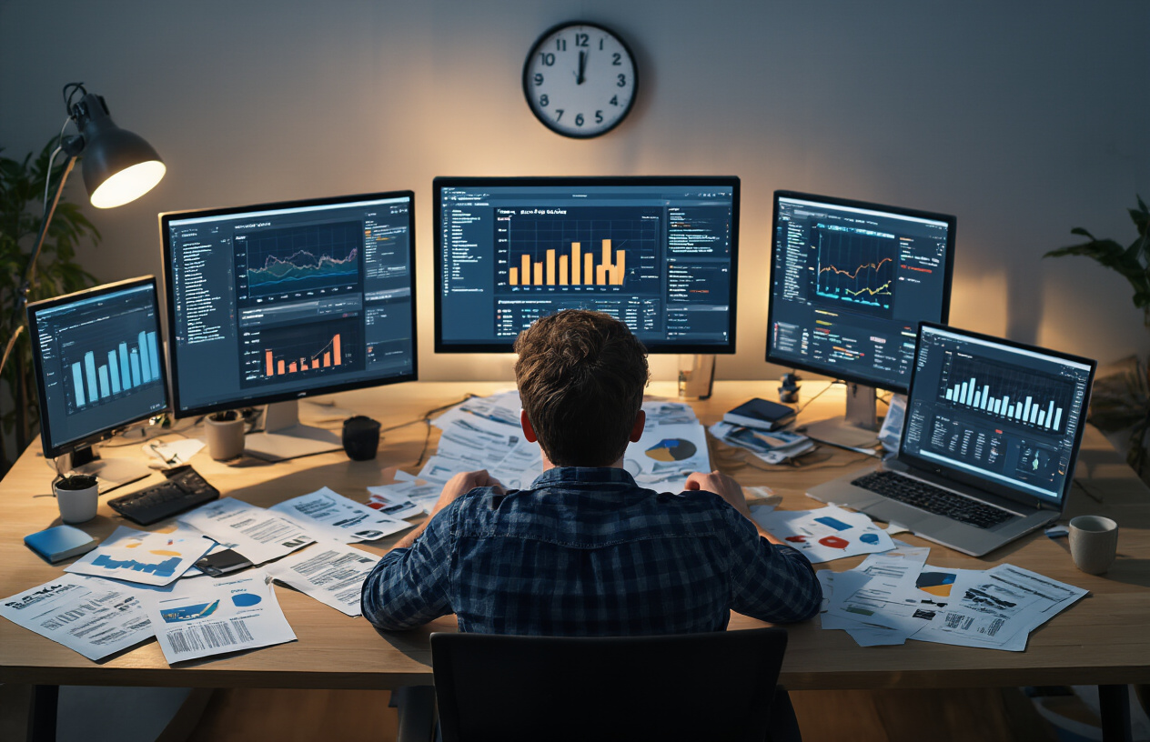 How Do Local SEO Agencies Use Rapid URL Indexer for Faster Indexing 3 Create a realistic image of a frustrated white male digital marketing professional sitting at a modern office desk with multiple computer monitors displaying website analytics dashboards, SEO tools, and search engine results pages, surrounded by scattered papers with website URLs and indexing reports, with a clock on the wall showing time pressure, warm office lighting creating shadows that emphasize the challenging work environment, absolutely NO text should be in the scene.