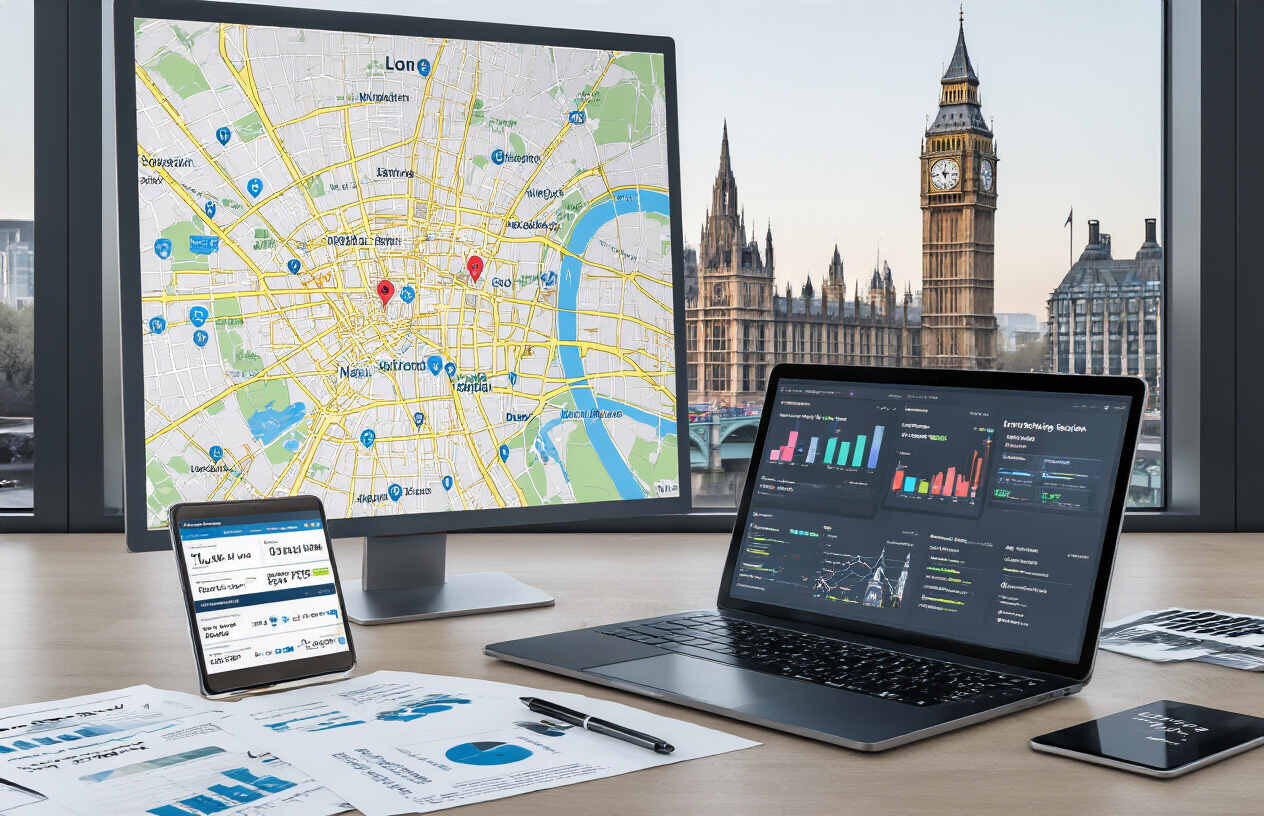First Year Fast Track SEO in London: Complete Guide 2025 3 Create a realistic image of a modern digital marketing workspace featuring a detailed map of London with highlighted local business districts and SEO ranking indicators, a sleek laptop displaying analytics dashboards with local search data, smartphone showing Google Maps with local business listings, scattered marketing strategy documents and charts showing rapid ranking improvements, iconic London landmarks like Big Ben and Tower Bridge visible through a large office window in the background, professional lighting creating a focused work atmosphere, absolutely NO text should be in the scene.