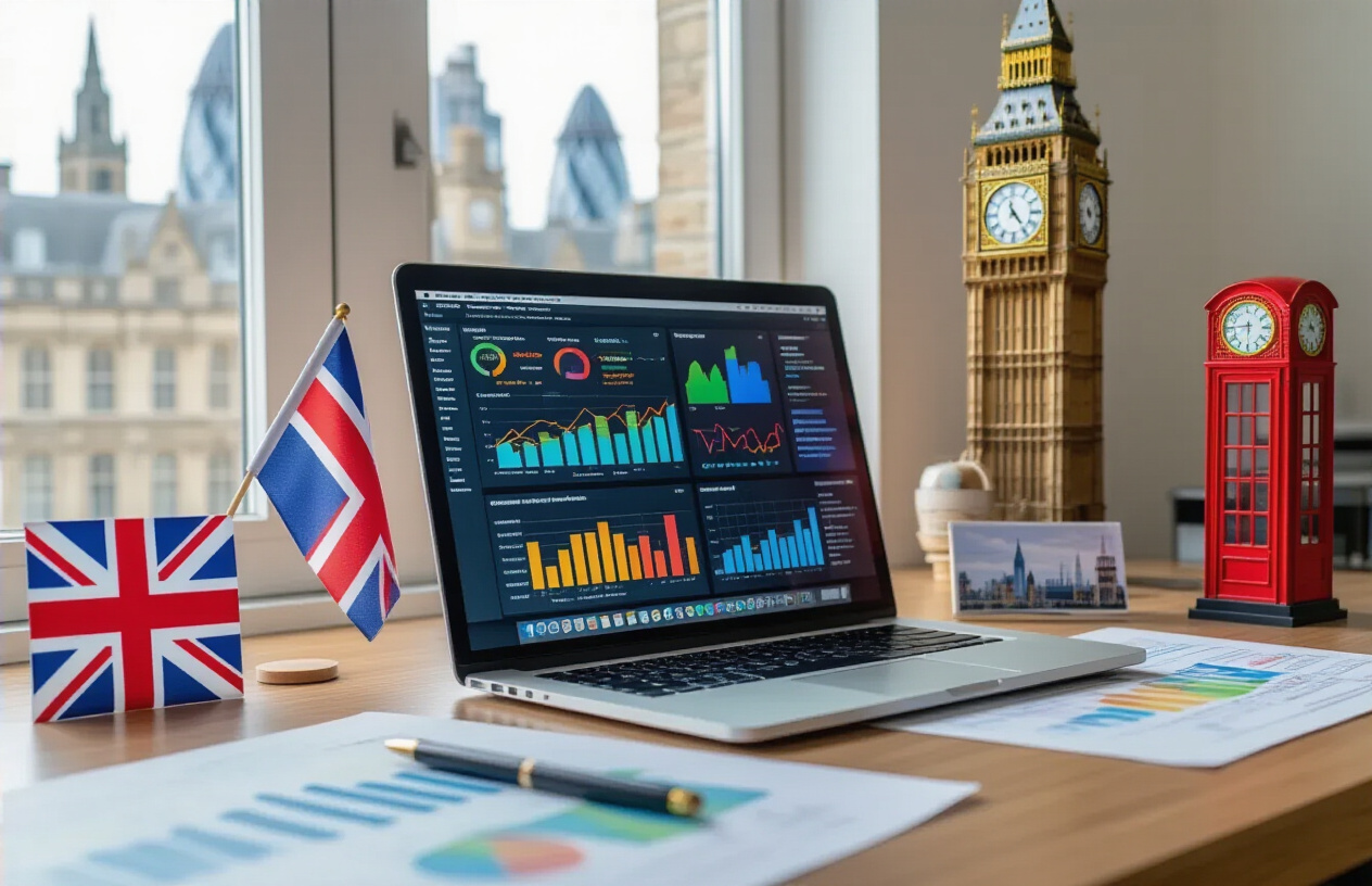 First Year Fast Track SEO in London: Complete Guide 2025 5 Create a realistic image of a modern office desk with a laptop computer displaying colorful keyword research analytics dashboards and graphs, surrounded by London-themed elements including a small Union Jack flag, a red telephone booth miniature, and Big Ben clock tower model, with SEO research charts and London map sections spread across the workspace, bright natural lighting from a window, professional business atmosphere, absolutely NO text should be in the scene.