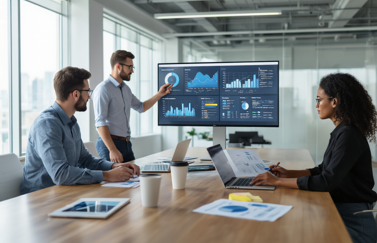 How To evaluate The Digital Marketing Agency Company Siege Media on Seo? Better 9 Idea 3 Create a realistic image of a modern professional office environment showing a diverse team of digital marketing professionals working on SEO strategies, featuring a white male team leader presenting data on a large wall-mounted monitor displaying analytics charts and graphs, while a black female colleague reviews documents at a sleek conference table, with laptops, notebooks, and marketing materials scattered across the table, set in a bright contemporary office space with floor-to-ceiling windows, clean white walls, and natural lighting creating a focused business atmosphere, absolutely NO text should be in the scene.