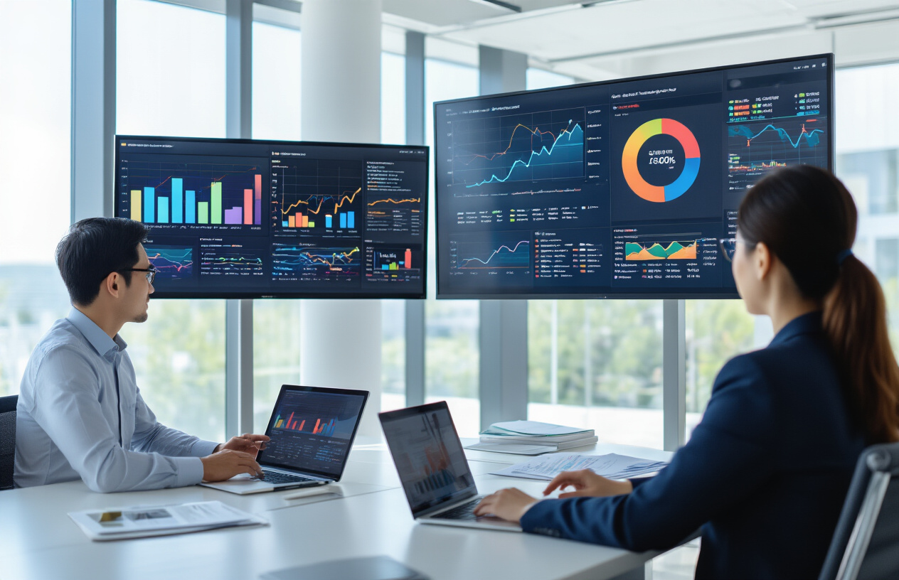How To evaluate The Digital Marketing Agency Company Siege Media on Seo? Better 9 Idea 5 Create a realistic image of a modern office conference room with multiple large wall-mounted monitors displaying colorful SEO analytics dashboards, growth charts with upward trending arrows, and website traffic graphs, professional white male and Asian female marketing analysts in business attire reviewing performance data at a sleek conference table with laptops and documents, bright natural lighting from large windows, clean contemporary office environment with glass walls, focused and successful atmosphere suggesting positive client outcomes, Absolutely NO text should be in the scene.
