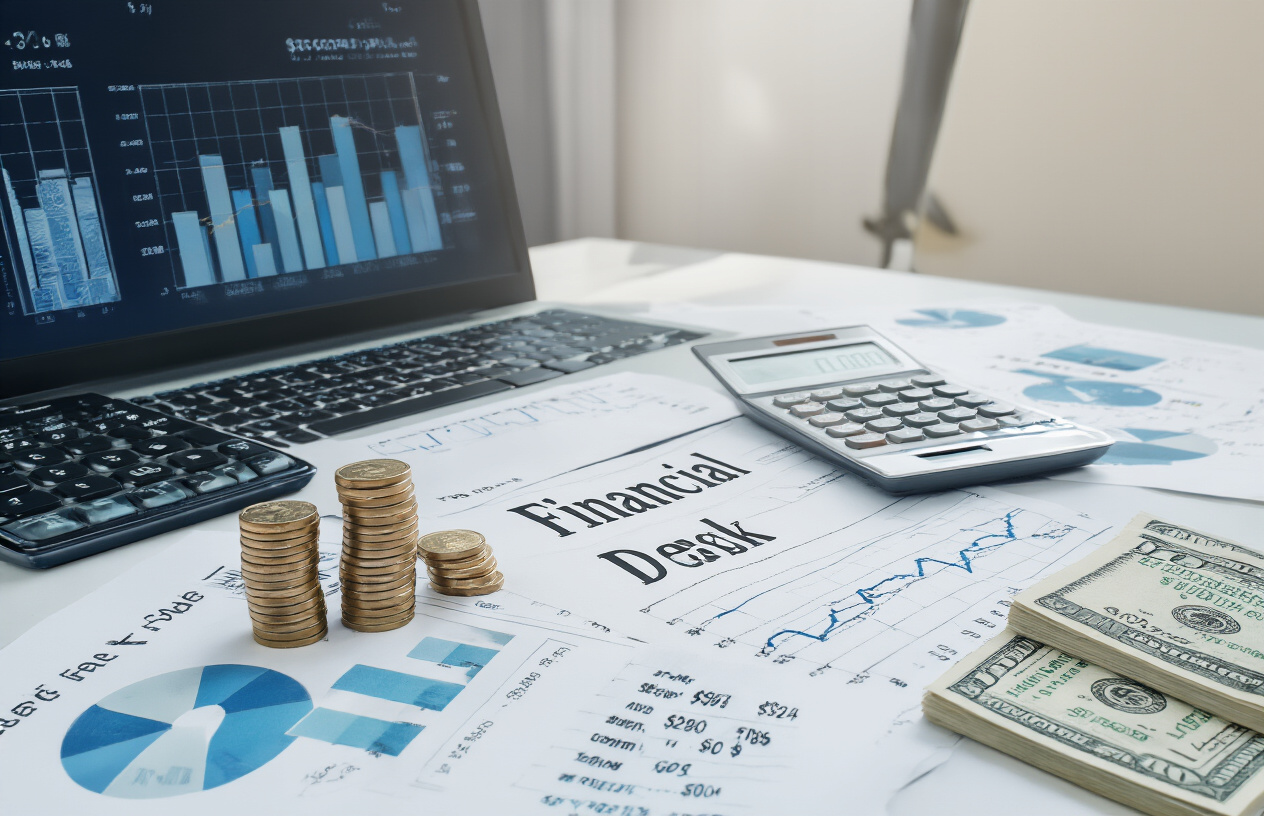 How To evaluate The Digital Marketing Agency Company Siege Media on Seo? Better 9 Idea 6 Create a realistic image of a modern office desk with financial charts, graphs, and pricing documents spread across the surface, a calculator and laptop displaying analytical data, stack of coins and dollar bills representing value assessment, professional business setting with clean lighting, neutral background with subtle corporate elements, absolutely NO text should be in the scene.