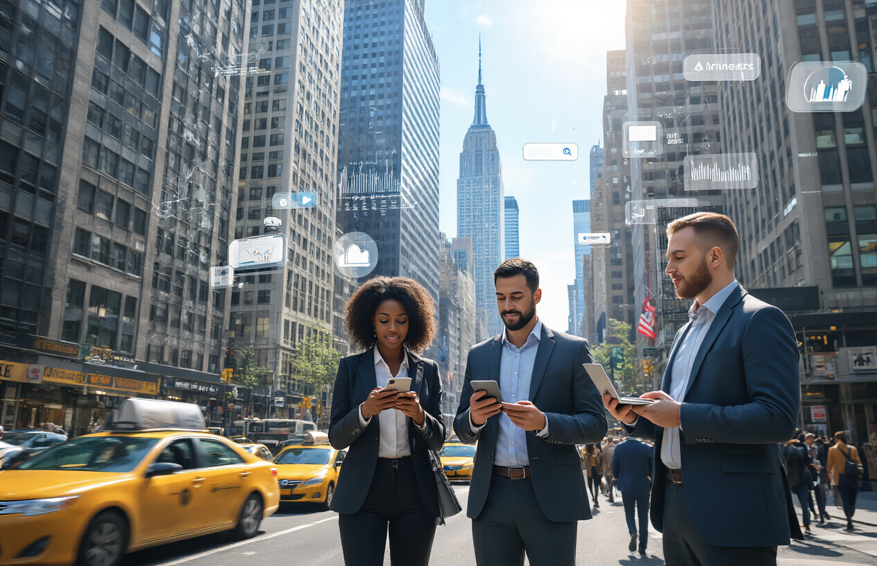 Why SEO Is Important For Business NY? Boost Your Growth in Best 7 Tips 3 Create a realistic image of a bustling New York City street scene with towering skyscrapers and iconic buildings in the background, featuring a diverse group of business professionals including a white male and black female looking at smartphones and laptops, with digital marketing elements like search result interfaces and website analytics floating subtly in the air around them, bright daylight illuminating the urban environment with yellow taxi cabs and busy pedestrians creating a dynamic competitive business atmosphere, absolutely NO text should be in the scene.