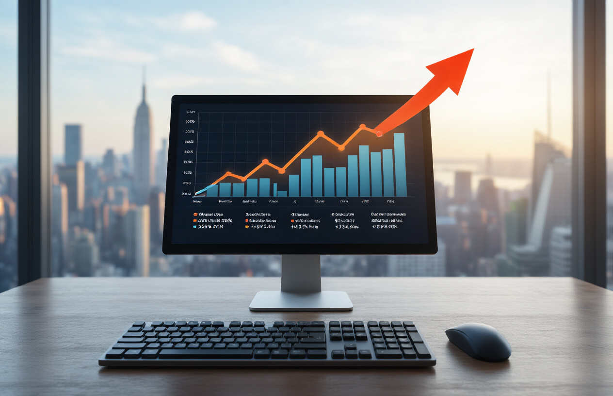 Why SEO Is Important For Business NY? Boost Your Growth in Best 7 Tips 4 Create a realistic image of a computer monitor displaying an upward trending analytics graph with increasing website traffic metrics, positioned on a modern office desk with a sleek keyboard and mouse, set against a blurred New York City skyline visible through a large window in the background, with bright natural daylight creating a professional and successful business atmosphere, and arrows pointing upward toward the screen suggesting growth and increased web traffic, absolutely NO text should be in the scene.